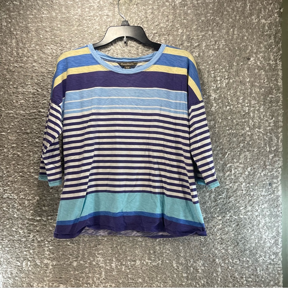 Tommy Bahama Women's Top Medium Multicolor Striped 3/4 Sleeve T-Shirt Cotton